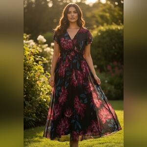 Chic Black and Pink Floral Maxi Dress